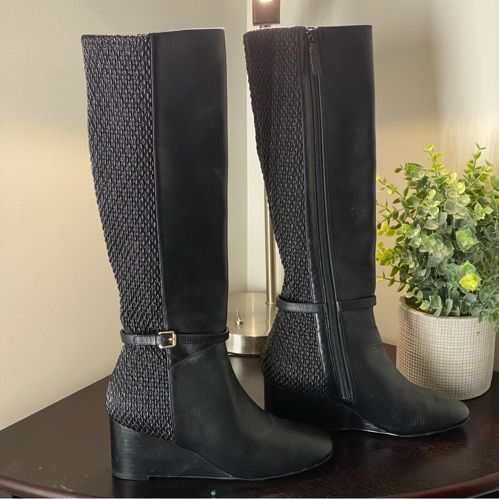 Cole Haan Black Leather Womens Lauralyn Stretch Wedge Boot (65mm) MidCalf Sz 5B